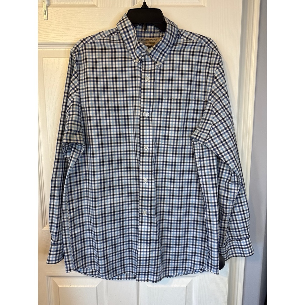 Duluth Trading Wrinklefighter Shirt Mens L Blue Plaid Button Down Trim Fit
